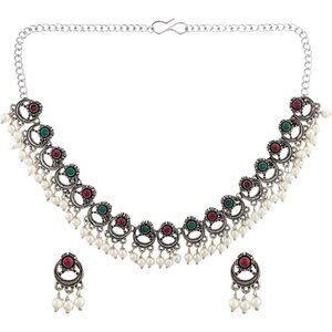 Oxidized Floral Choker Necklace & Earrings Set - Bohemian Statement Jewelry